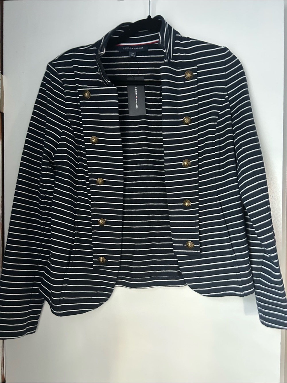 Tommy Hilfiger Navy and White Striped Double-Breasted Military Blazer